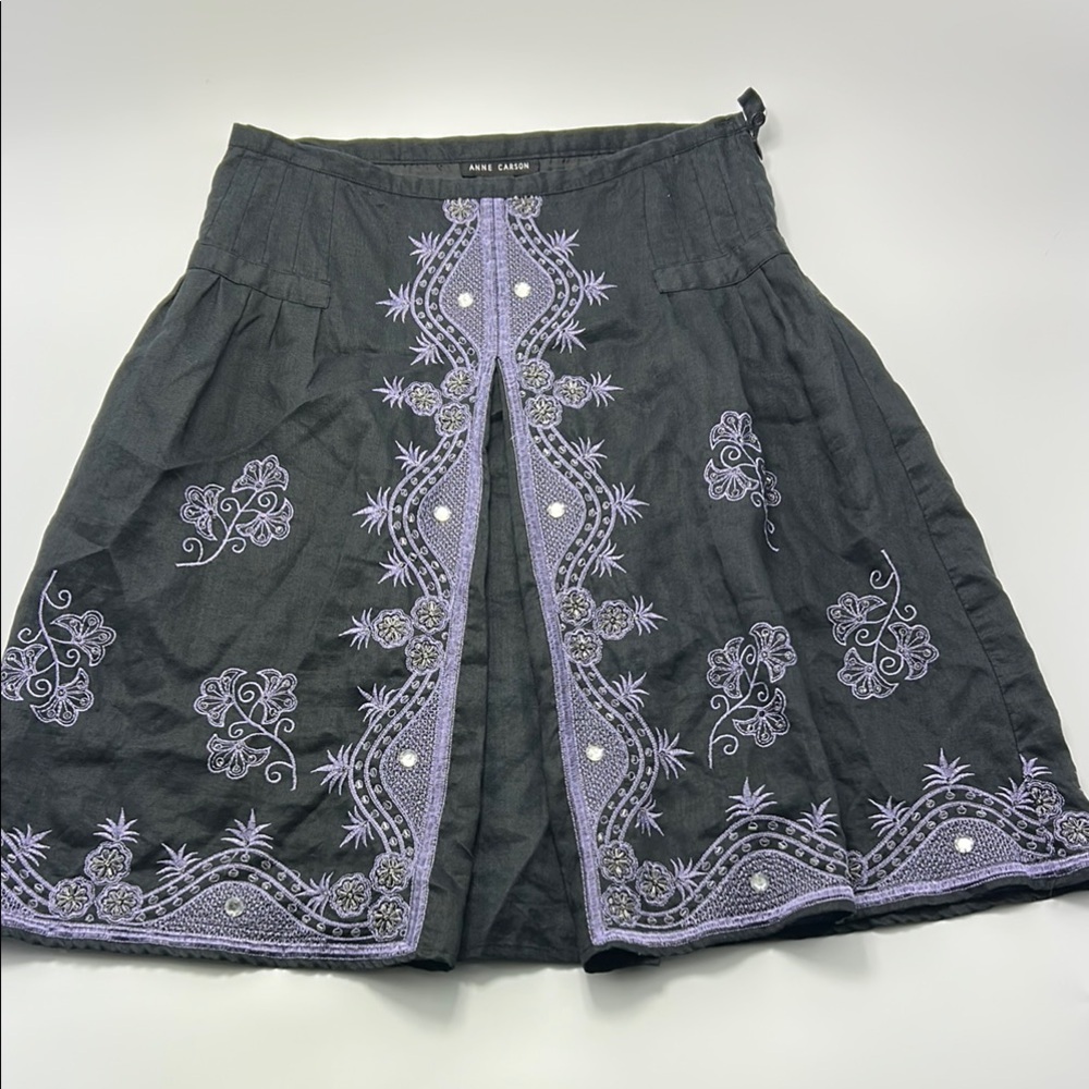 Anne Carson A-Line Boho Embroidered Skirt 10 Black Purple Artsy 10 Cocktail